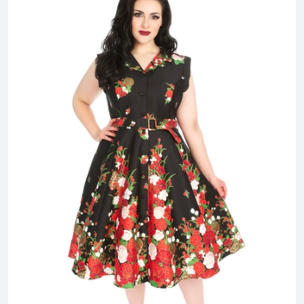 EUC Hearts & Roses London Black Floral 50s Rockabilly Swing Dress - UK 12 / US 8